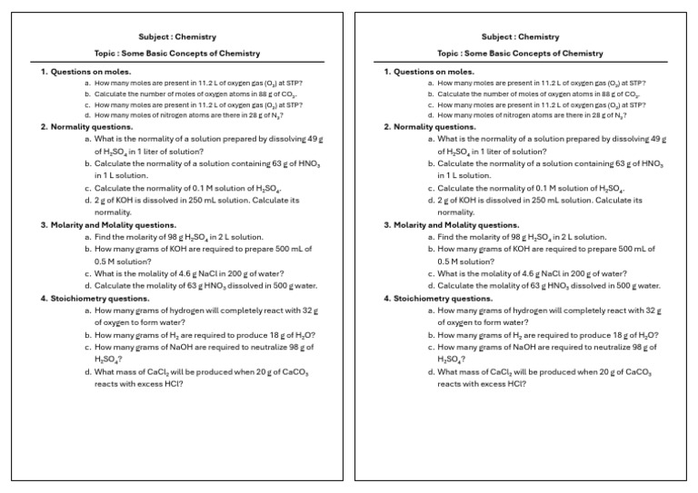 Basic Chemistry Concepts & Calculations | PDF | Mole (Unit) | Stoichiometry
