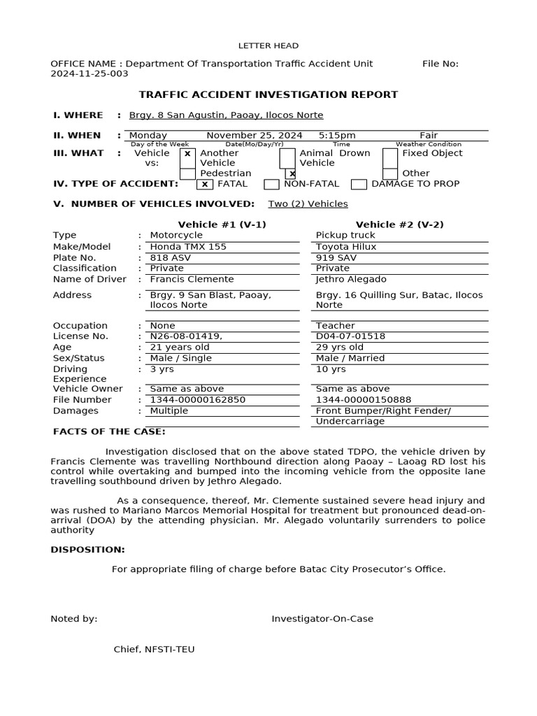Traffic Accident Report: Paoay, Ilocos Norte | PDF | Traffic Collision ...