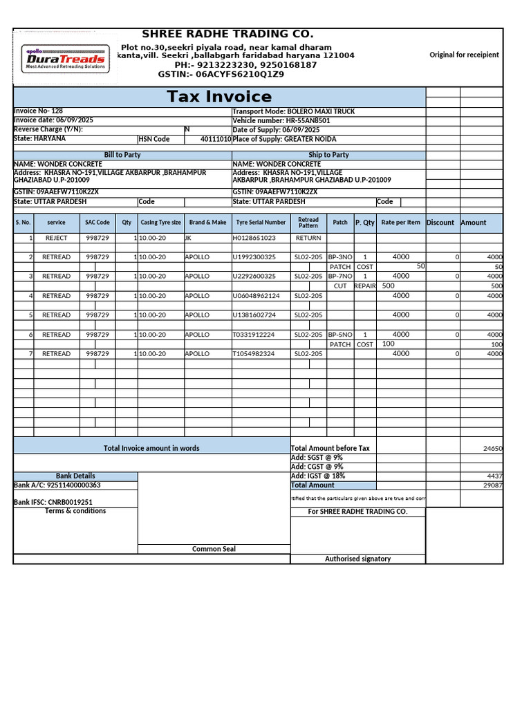 Tyre Invoice for Wonder Concrete | PDF | Transport
