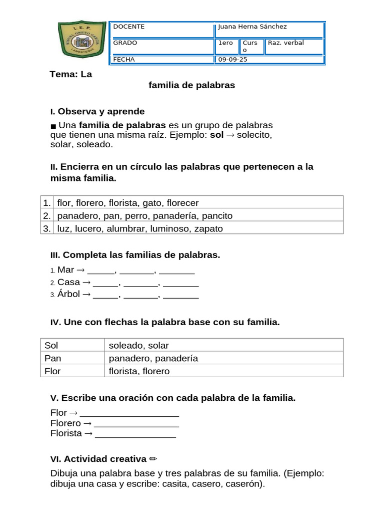 Familias de Palabras para Primaria | PDF