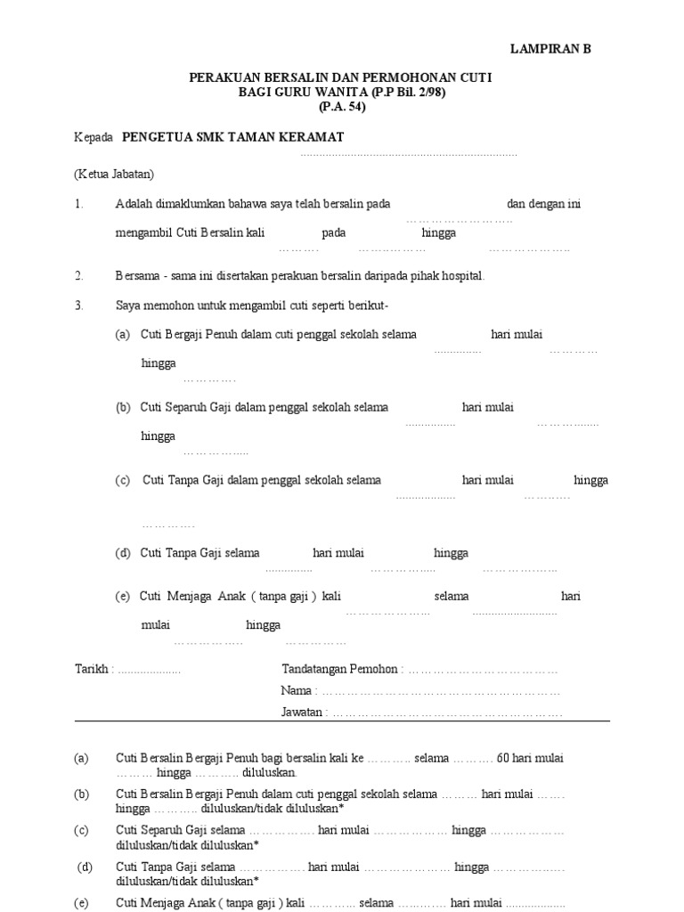 BORANG CUTI TANPA GAJI BAGI CUTI BERSALIN ANAK KE 6