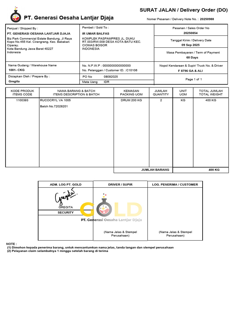 Contoh Surat Jalan dan Delivery Note | PDF