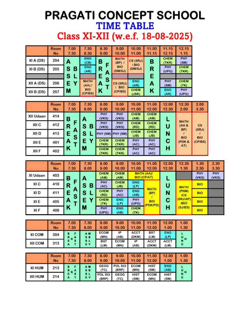 Class XI-XII Timetable 2025 | PDF
