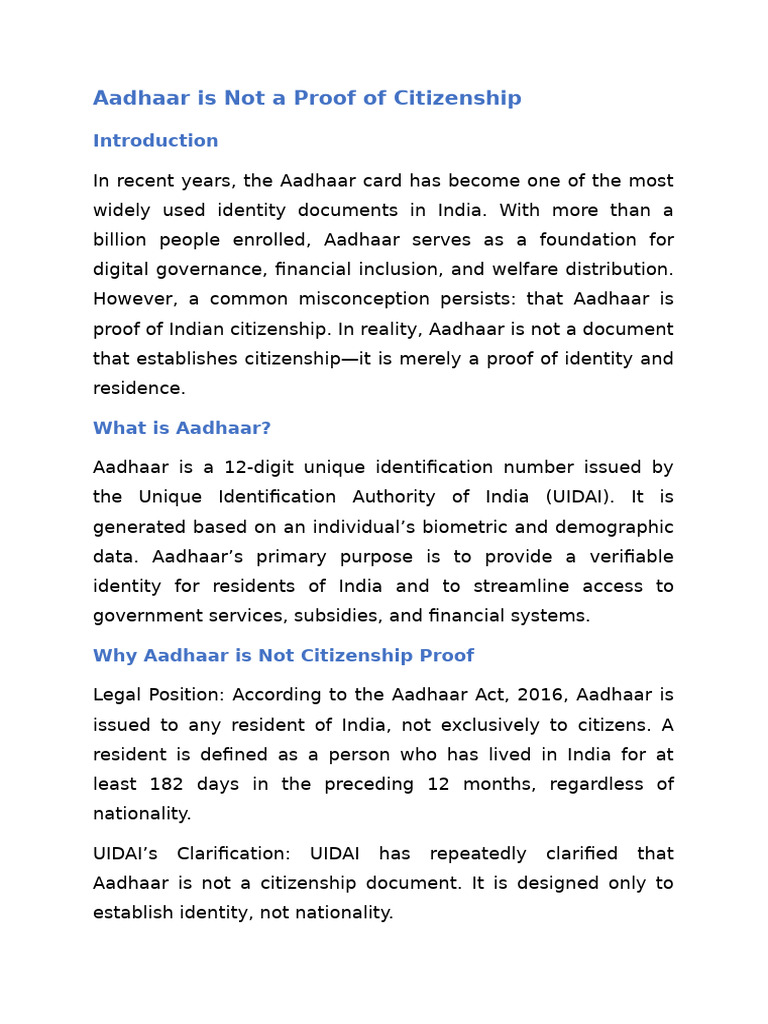 Aadhaar Is Not A Proof of Citizenship | PDF | Identity Document | Privacy