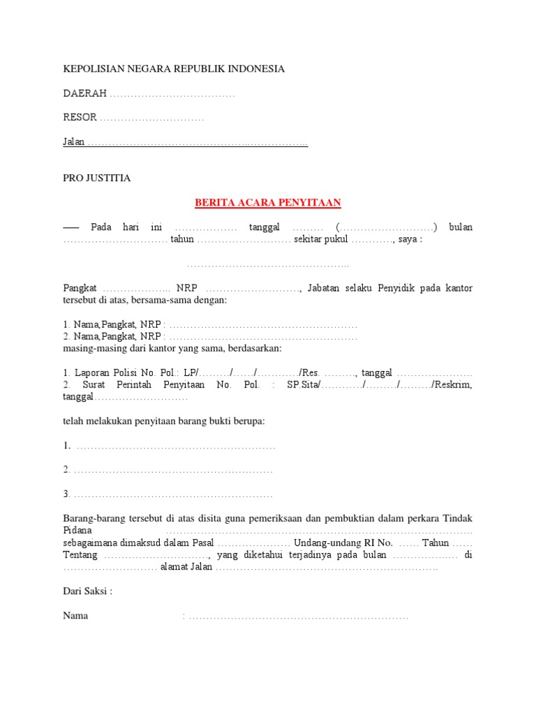 Format Berita Acara Penyitaan