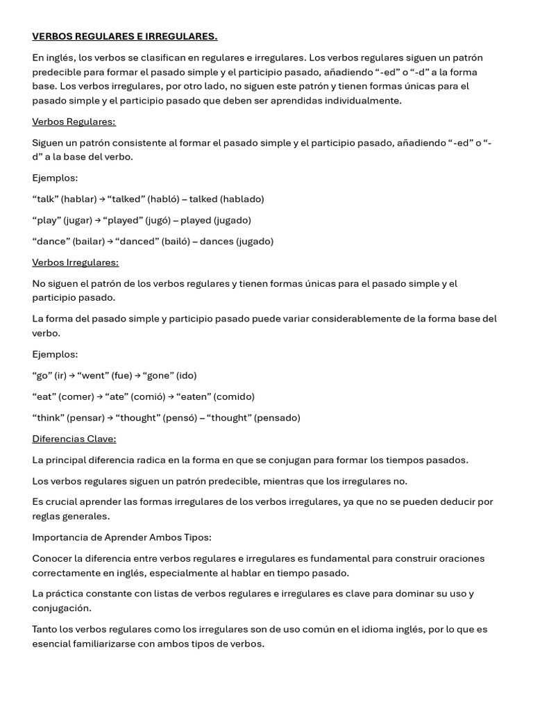 Verbos Regulares e Irregulares en Inglés | PDF