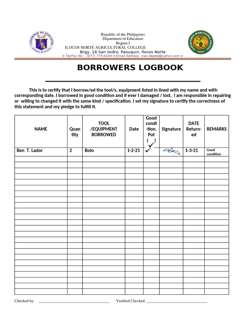 Borrowers Logbook Template | PDF