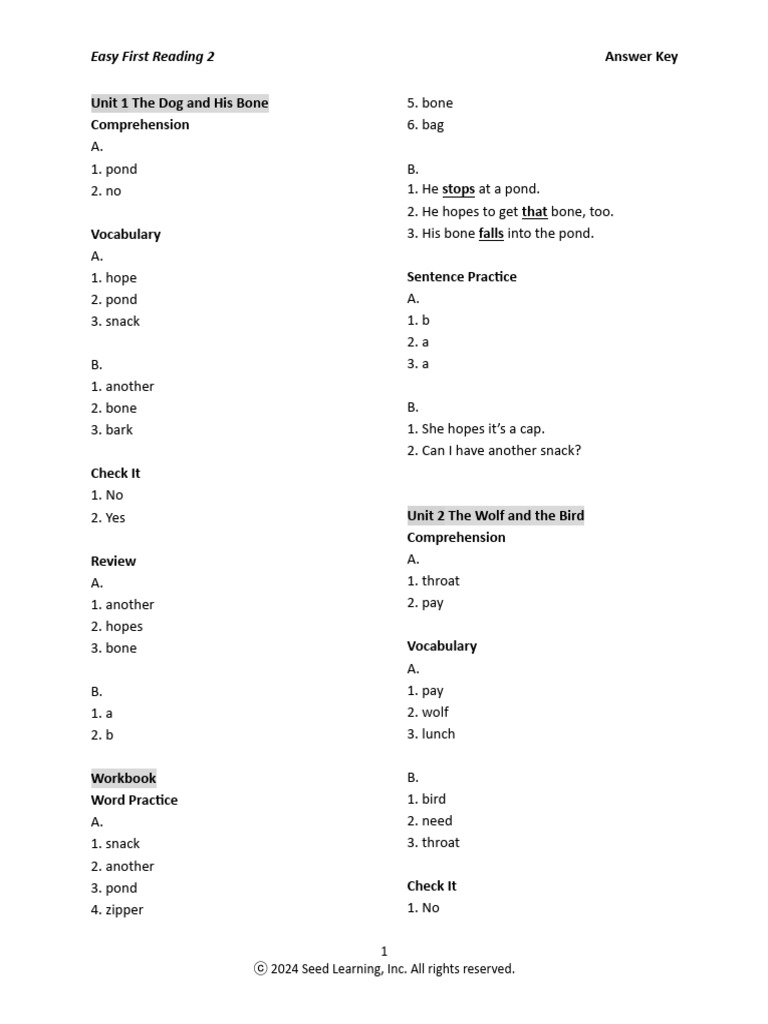 Easy First Reading 2 Answer Key | PDF