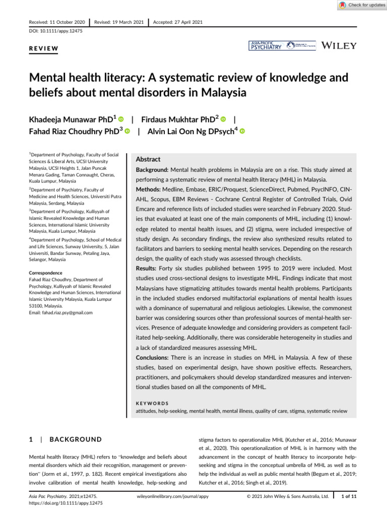 Mental Health Literacy - Systemic Review Knowledg and Believe Mental ...