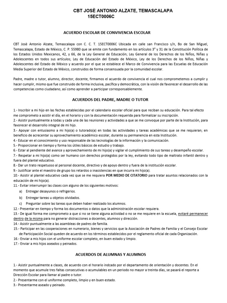 Acuerdo de Convivencia Escolar CBT 2025-2026 | PDF | Escuelas | Maestros