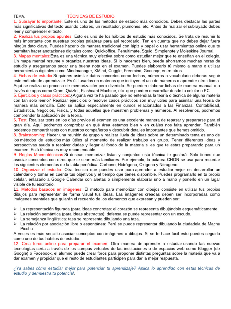 Técnicas Efectivas de Estudio | PDF | Habilidades de estudio