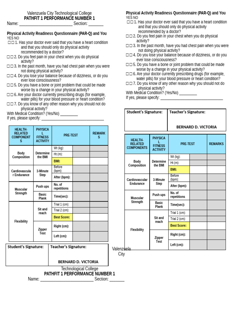 PAR-Q and Fitness Assessment Form | PDF | Clinical Medicine | Diseases ...