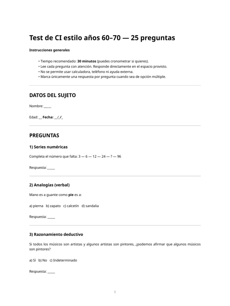 Test de CI estilo retro: 25 preguntas | PDF | Escala de inteligencia ...
