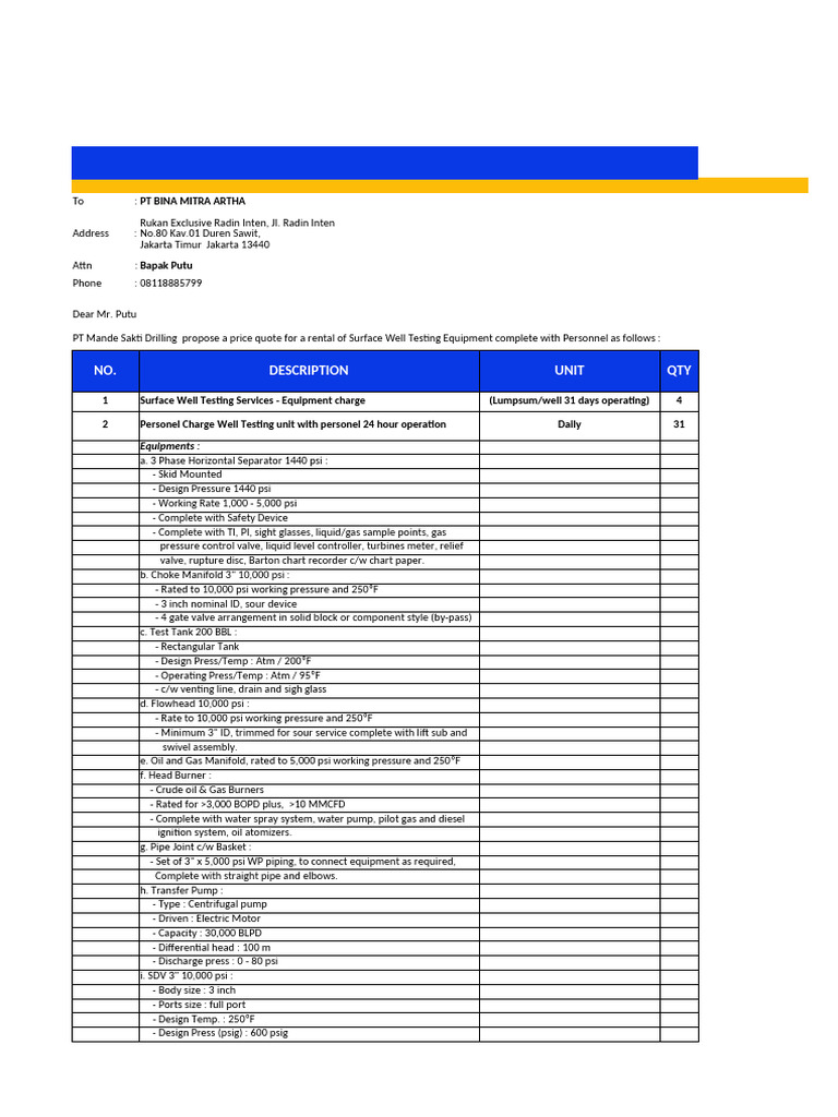 Surface Well Testing Equipment Quote | PDF | Pump | Valve