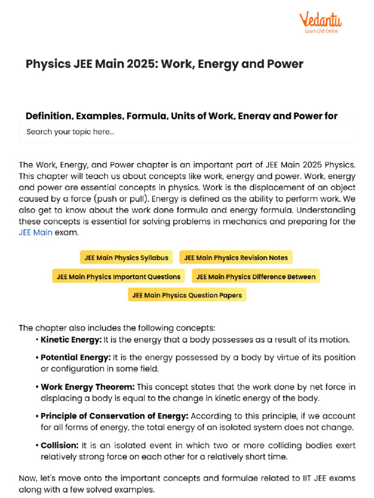Physics JEE Main 2025 - Work, Energy and Power | PDF