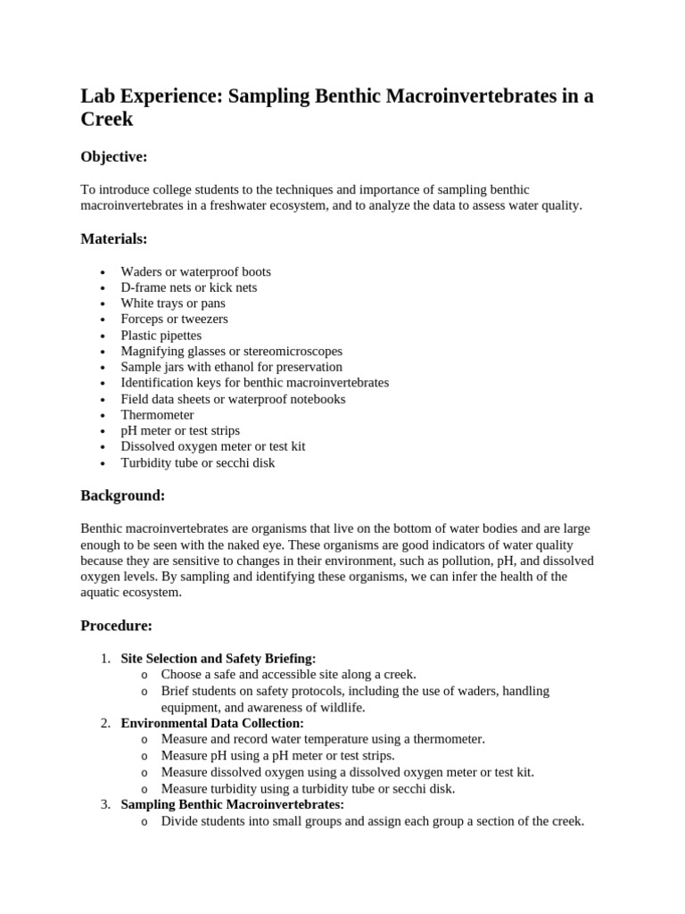 Benthic Macroinvertebrate Sampling Lab | PDF | Water Quality ...