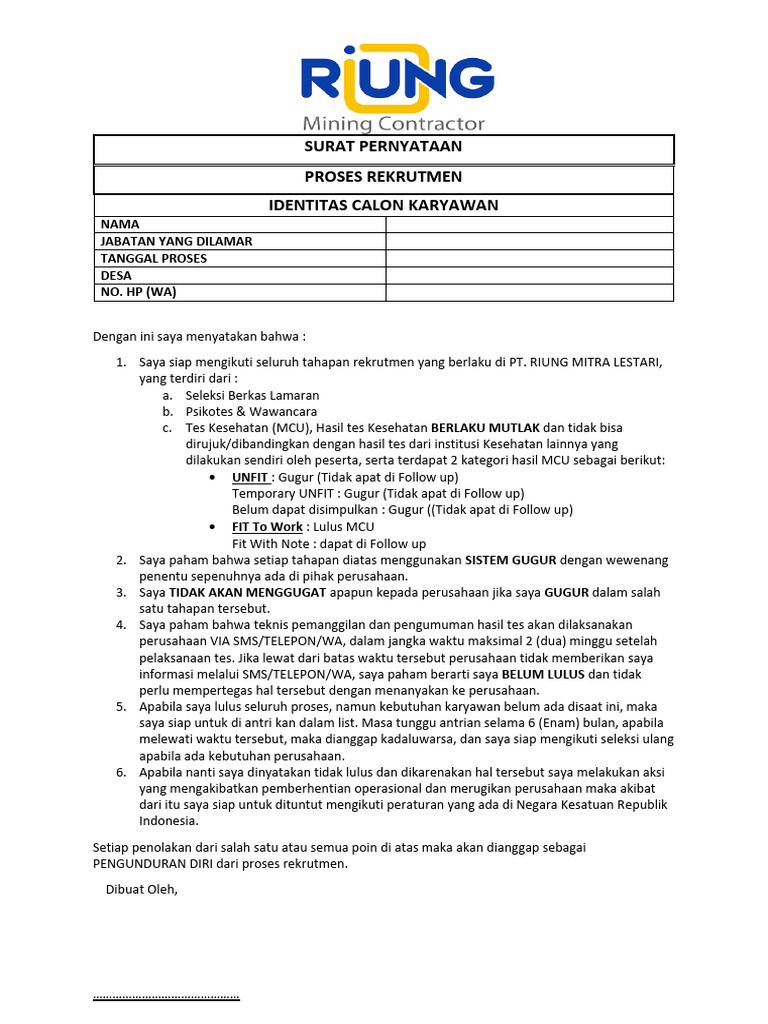 Surat Pernyataan Rekrutmen Karyawan | PDF
