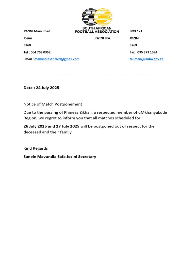 Jozini Match Postponement Notice | PDF