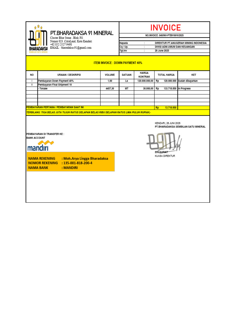 Invoice Pembayaran PT Bharadaksa Mineral | PDF