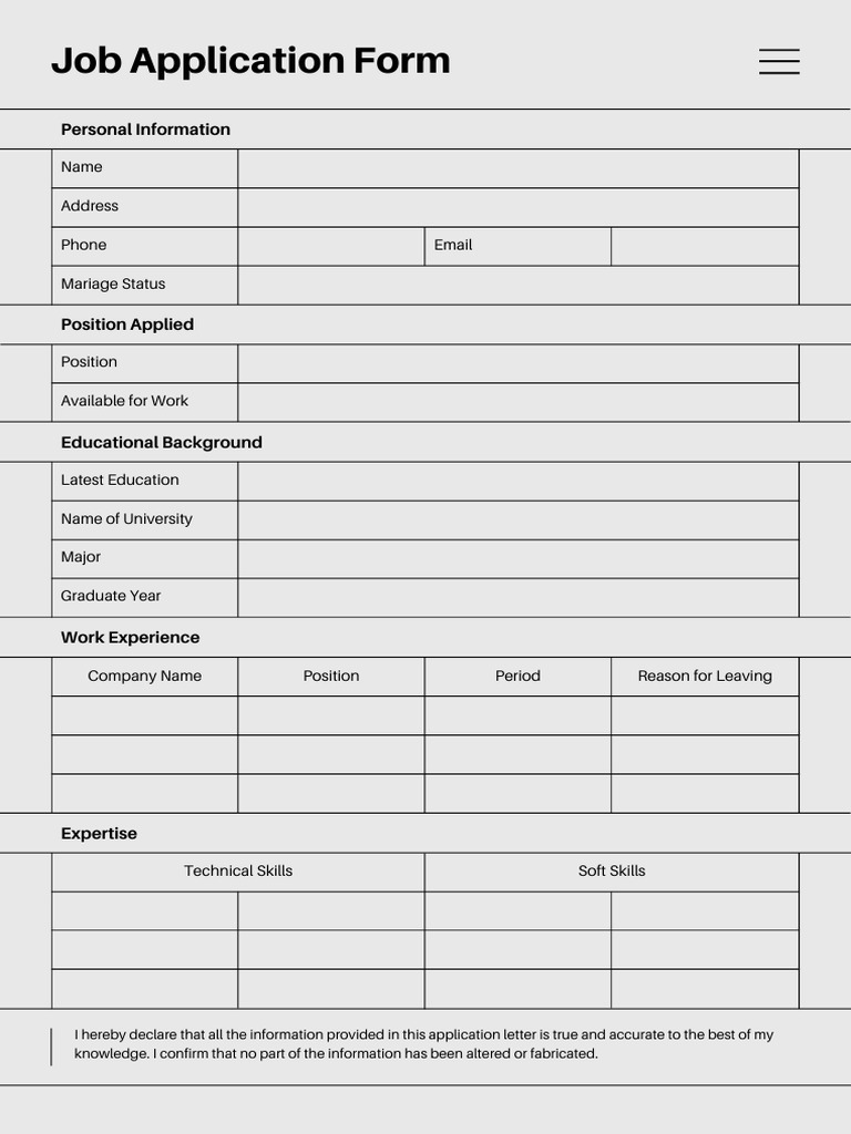 Black and Grey Simple Job Application Form A4 Document | PDF