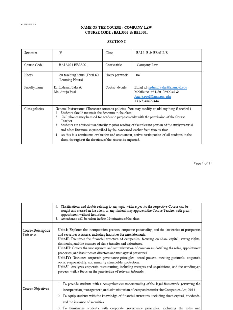 Company Law Course Plan Overview | PDF | Multiple Choice | Business