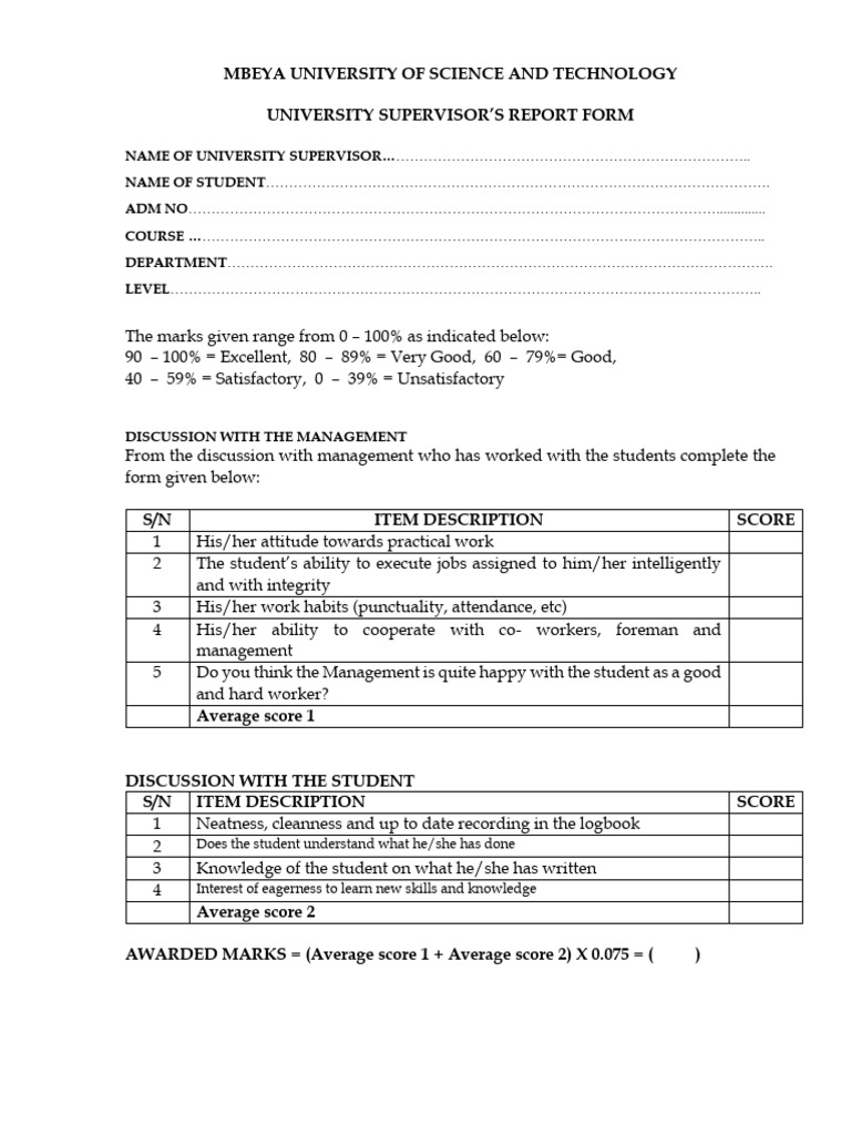 University Supervisor Report Form | PDF | Cognition