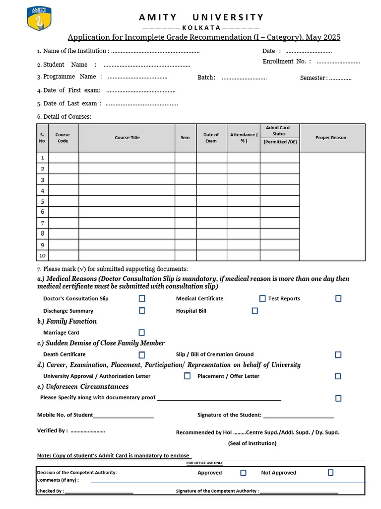 Amity University Kolkata Incomplete Grade Form | PDF