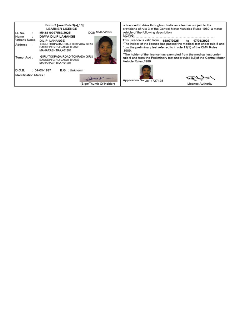 Learner Licence Details for Dilip Lahange | PDF