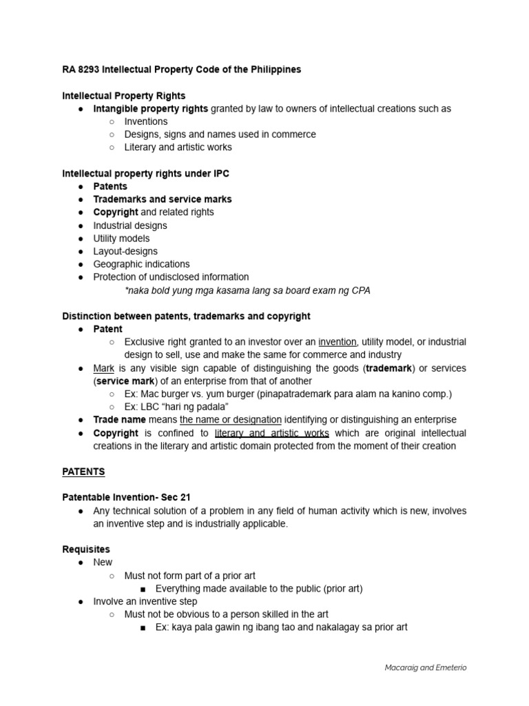RA 8293: Philippine IP Code Overview | PDF | Patent | Patent Infringement