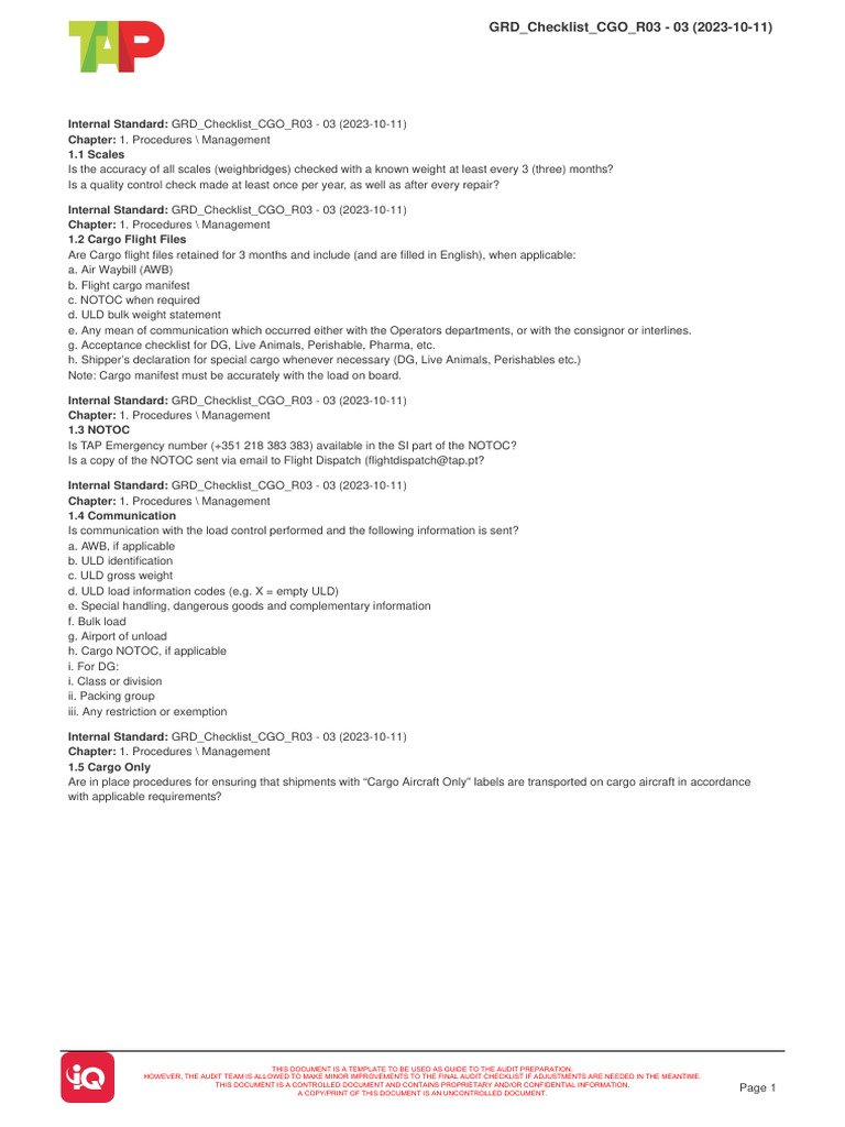 Cargo Operations Audit Checklist 2023 | PDF | Cargo | Dangerous Goods
