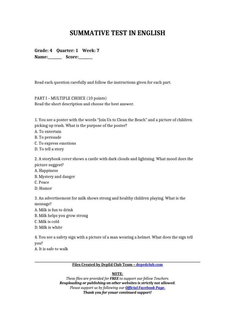 Grade 4 English Summative Test Guide | PDF