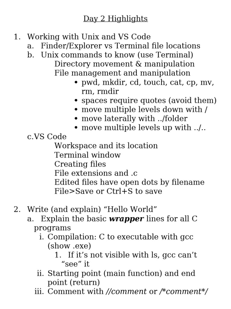Unix, VS Code, and C Programming Basics | PDF