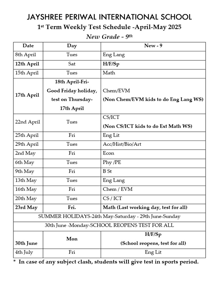Gr. - 9th 1st Term Weekly Test Schedule 2025 | PDF