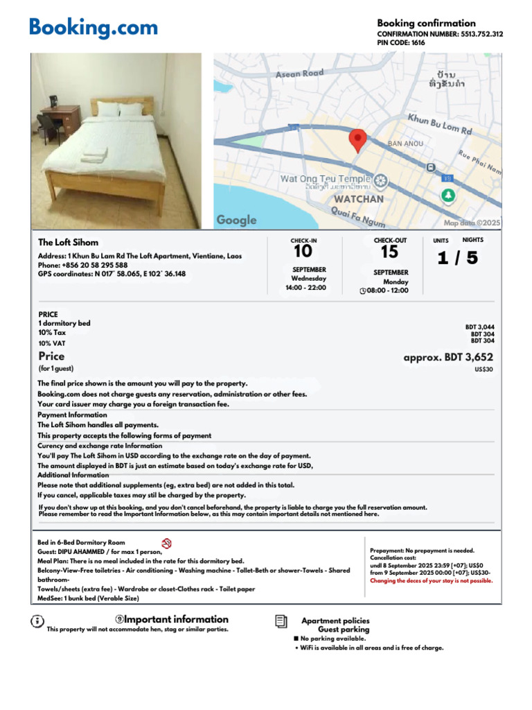 Booking Confirmation for The Loft Sihom | PDF | Payments