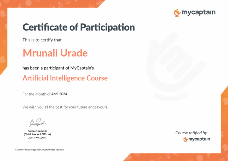 MyCaptain Artificial Intelligence Workshop Certificate | PDF