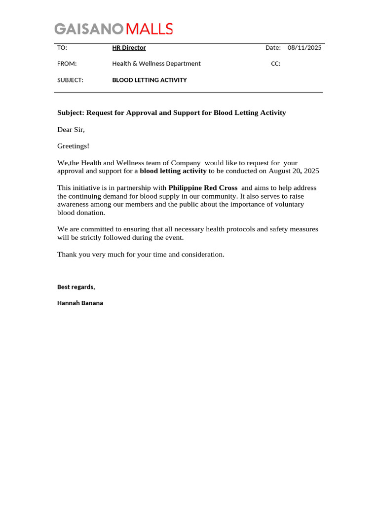 Approval Request for Blood Letting Event | PDF