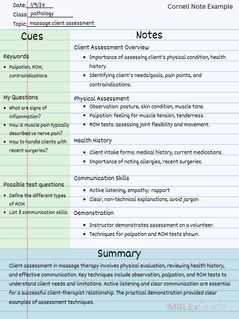 Cornell Note Example Massage Client Assessment v2 | PDF