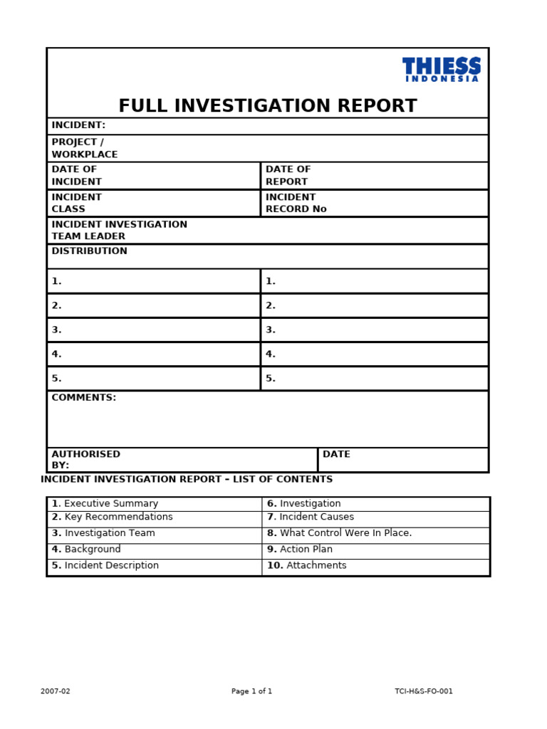 TCI H&S FO 001 Full Investigation Report | PDF