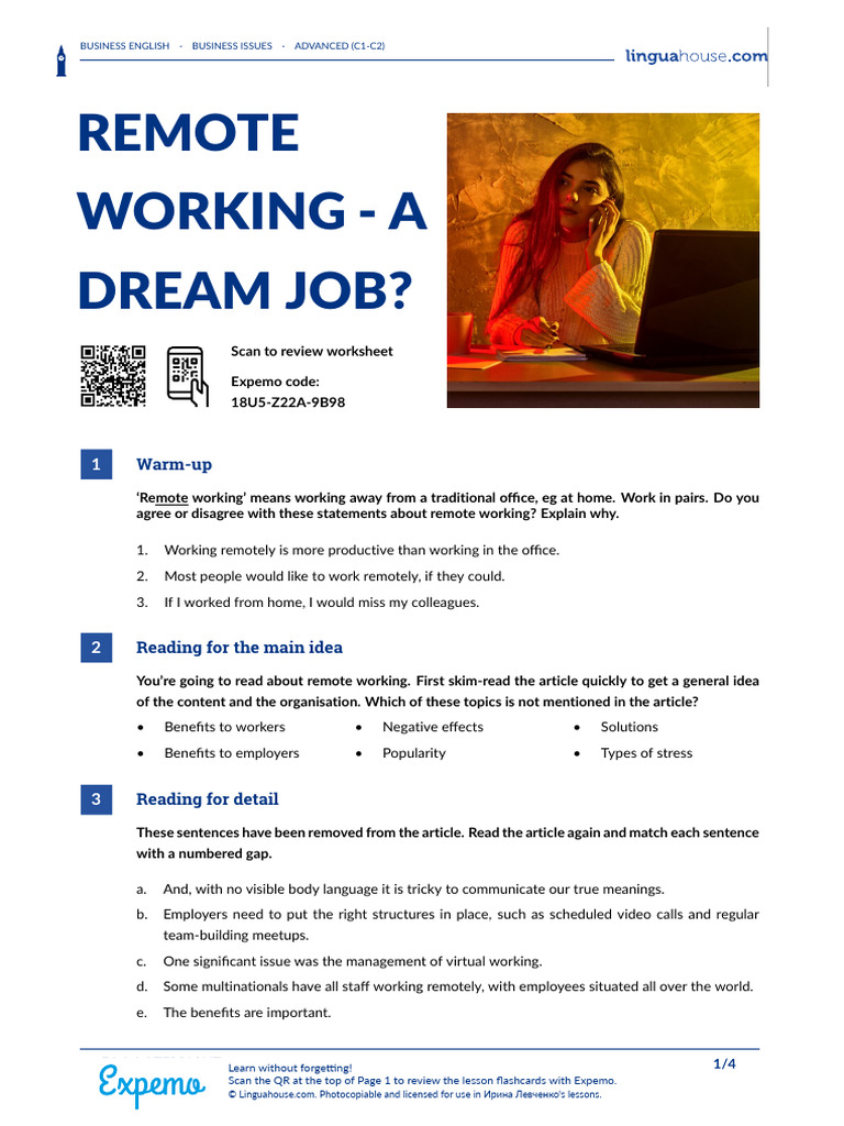 Remote Working A Dream Job British English Student | PDF | Social ...