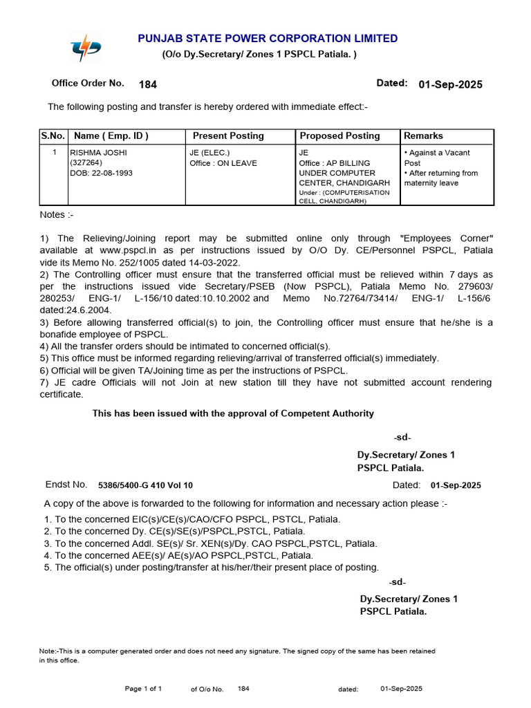 PSPCL Posting and Transfer Order | PDF