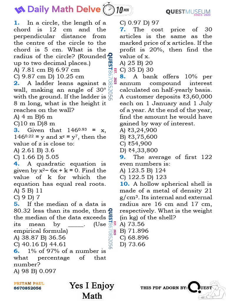 Math Problems with Solutions and Options | PDF