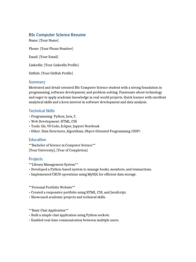 BSc Computer Science Student Resume | PDF