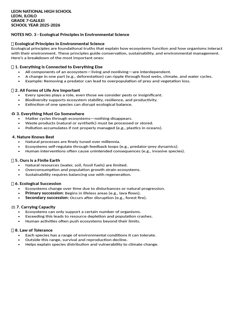NOTES NO. 3 Ecological Principles in Environmental Science | PDF