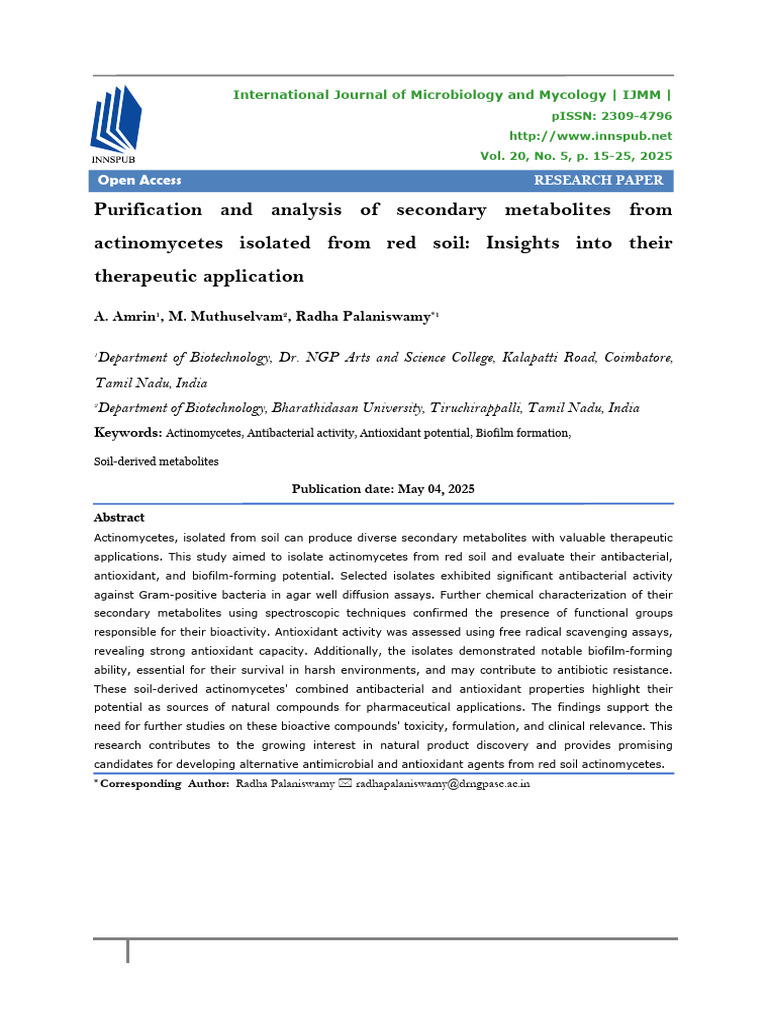 Purification and Analysis of Secondary Metabolites From Actinomycetes ...