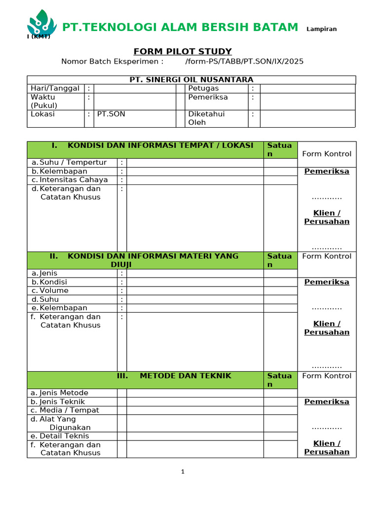 Formulir Studi Pilot PT Teknologi Alam | PDF