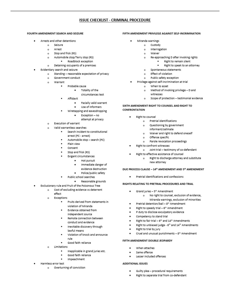 Criminal Procedure Issue Checklist | PDF | Miranda Warning | Fifth ...