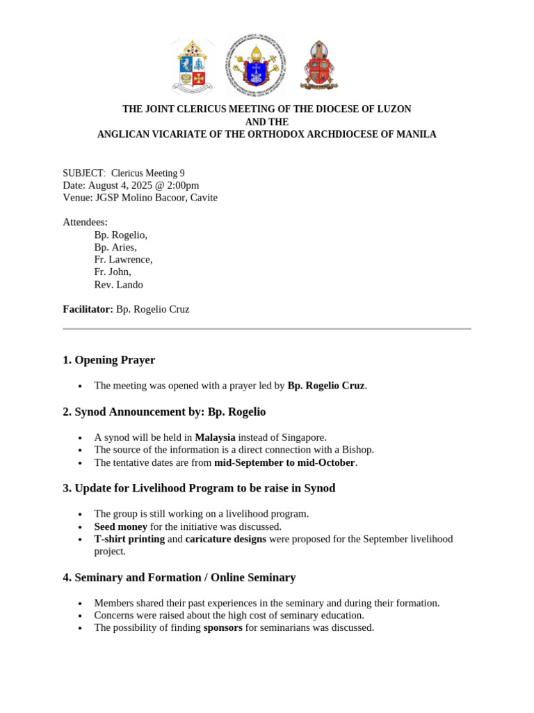 Diocese Clericus Meeting Summary 2025 | PDF | Marriage | Diocese