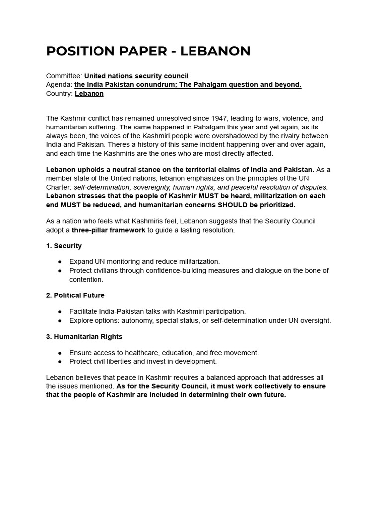 Position Paper - Lebanon (Unsc) | PDF
