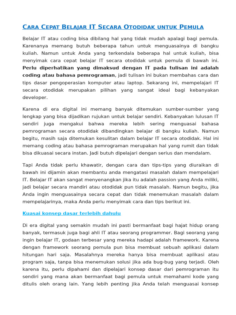 Cara Cepat Belajar IT Otodidak untuk Pemula | PDF
