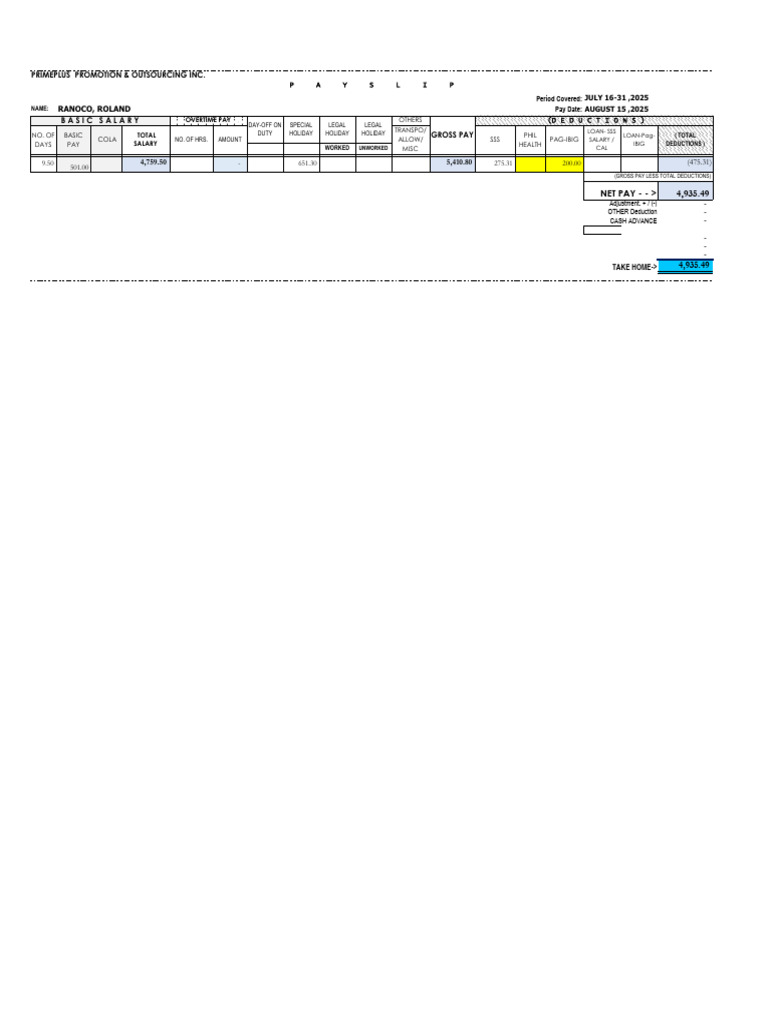 Roland Ranoco's July 2025 Payslip | PDF | Economies | Government Finances
